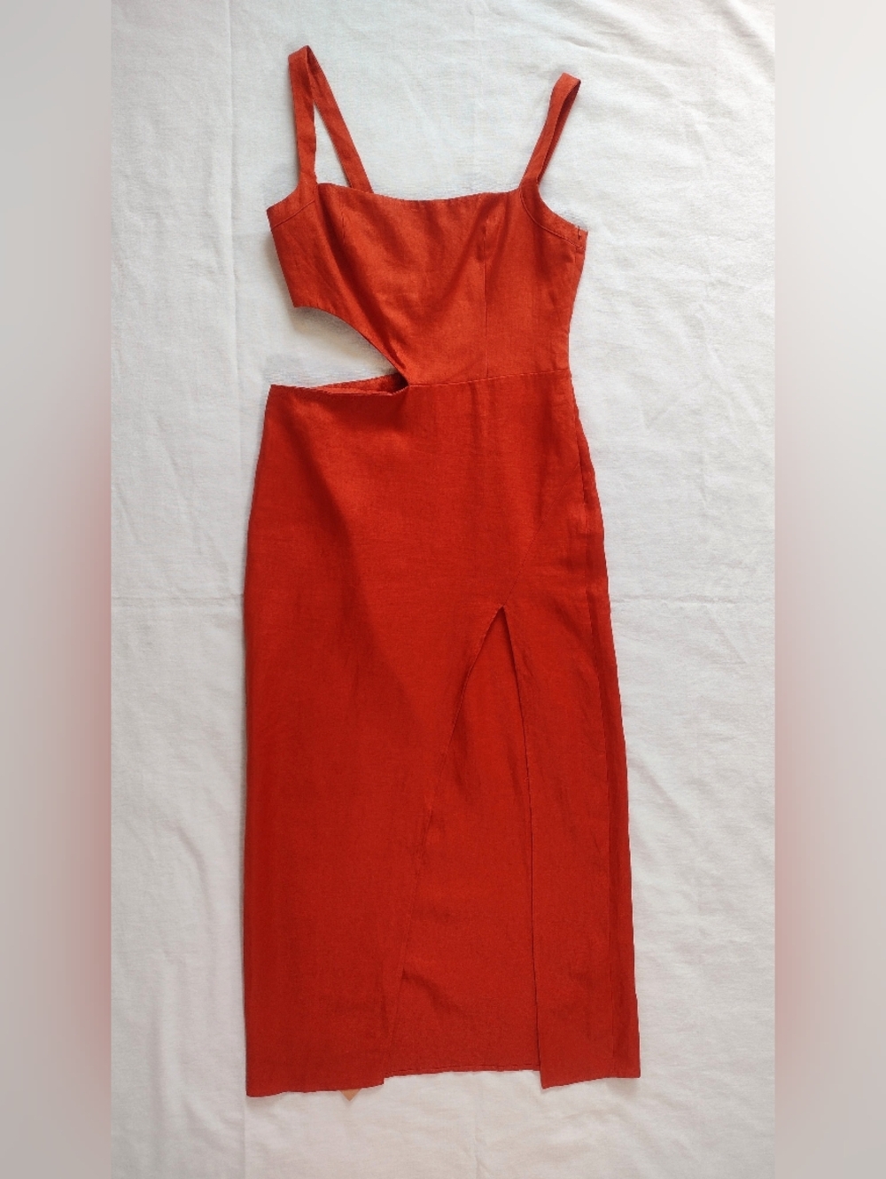Reformation Blood Orange Satori Linen Cut Out Front Slit Dress